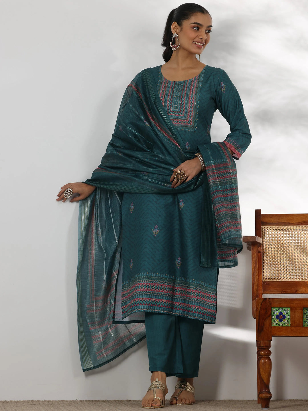  Teal Green Printed Silk Blend Straight Suit With Dupatta 