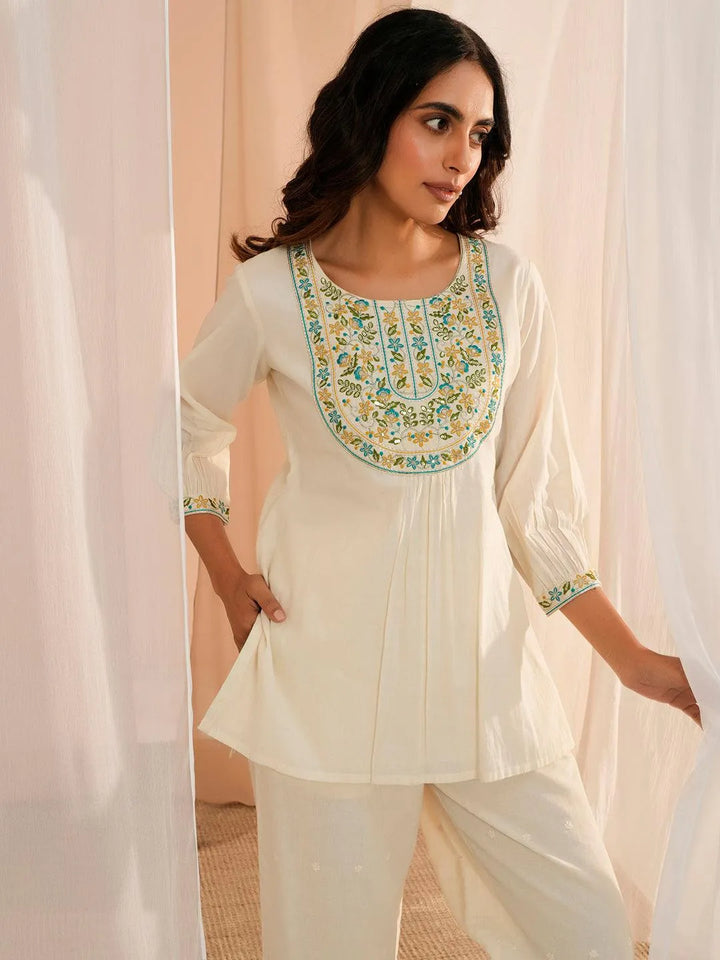Off White Yoke Design Cotton Straight Kurti - Libas