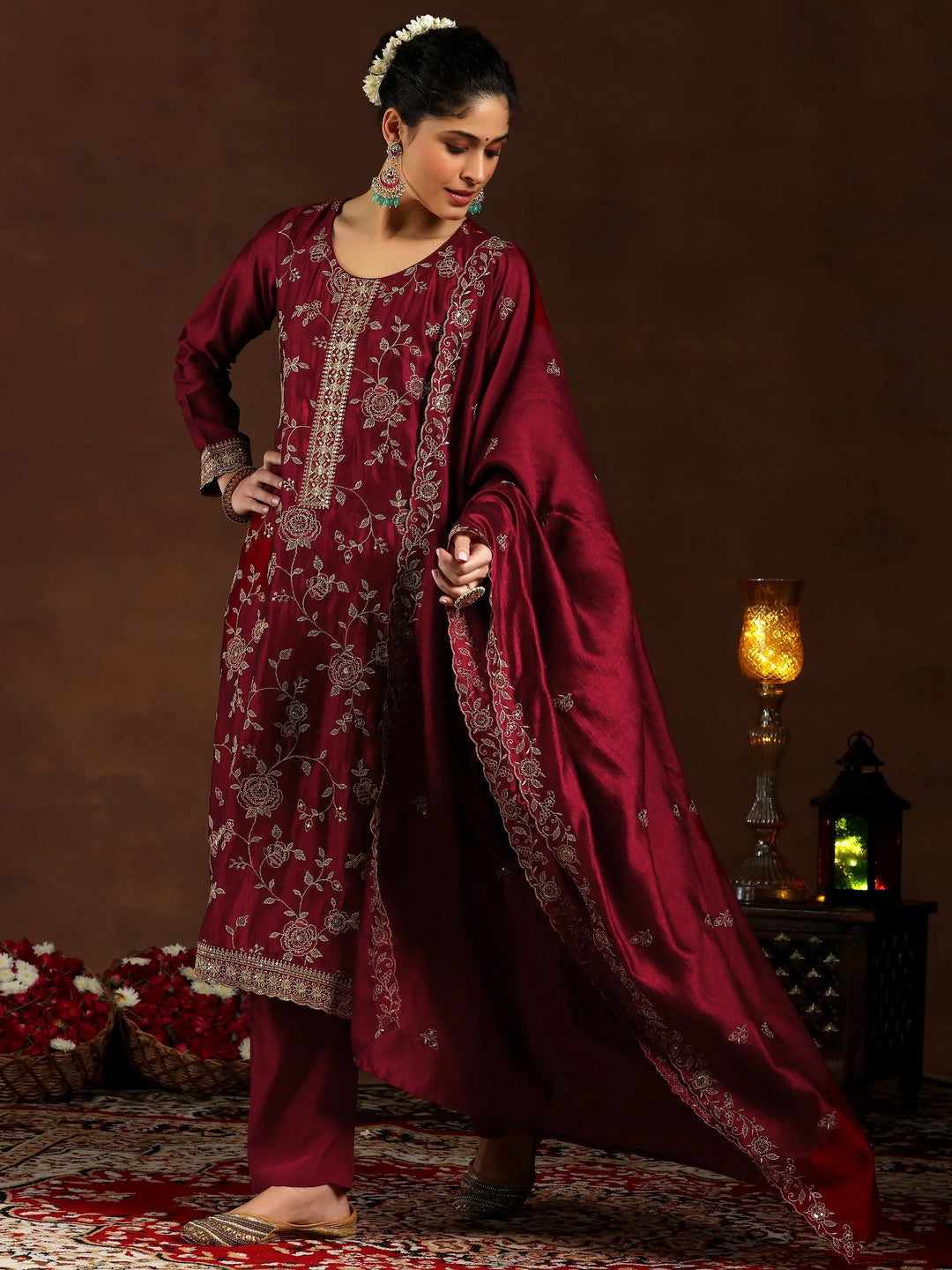  Maroon Embroidered Silk Blend Straight Suit With Dupatta 