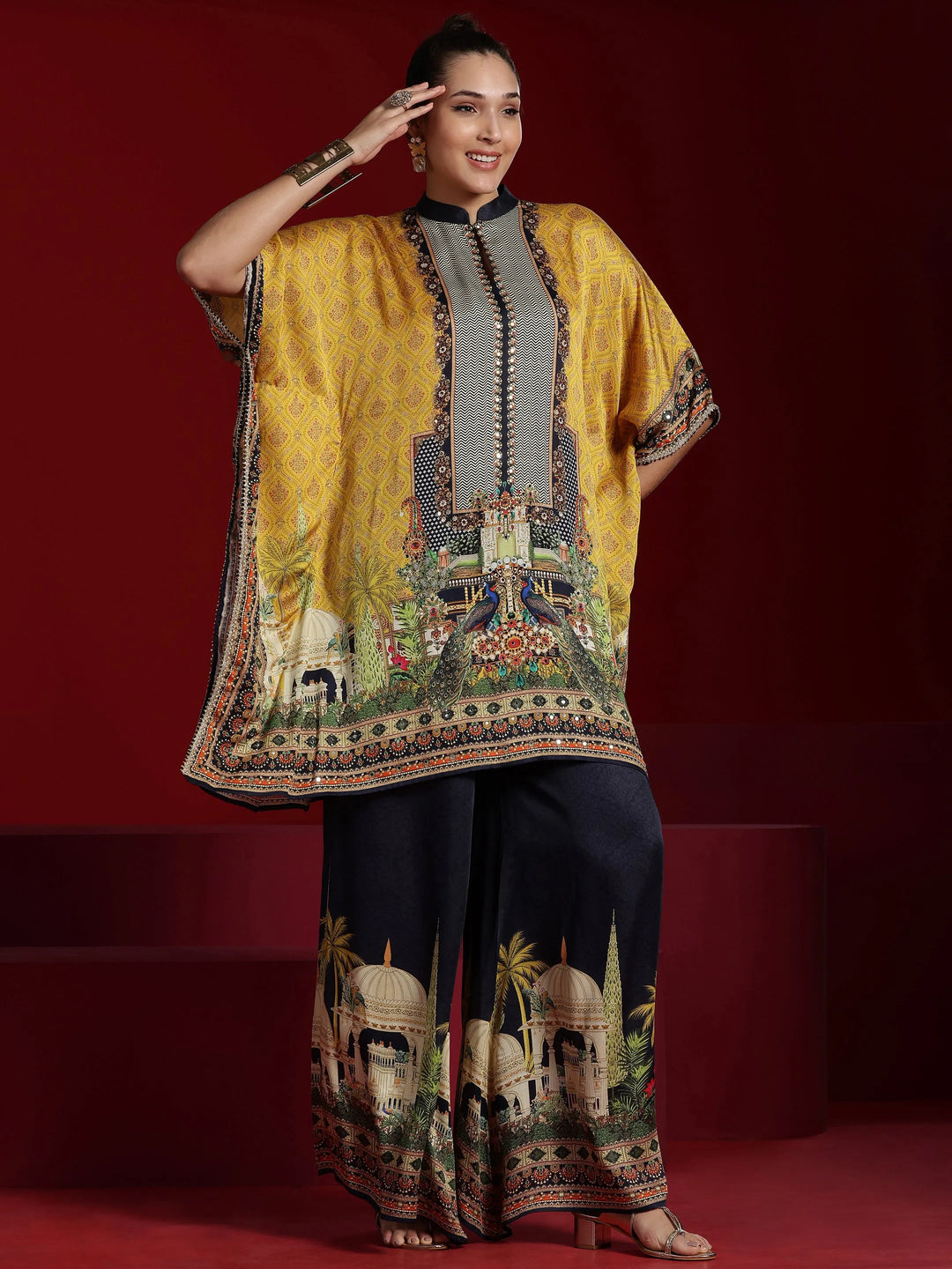  Libas Art Mustard Printed Silk Blend Straight Kurta With Palazzos 