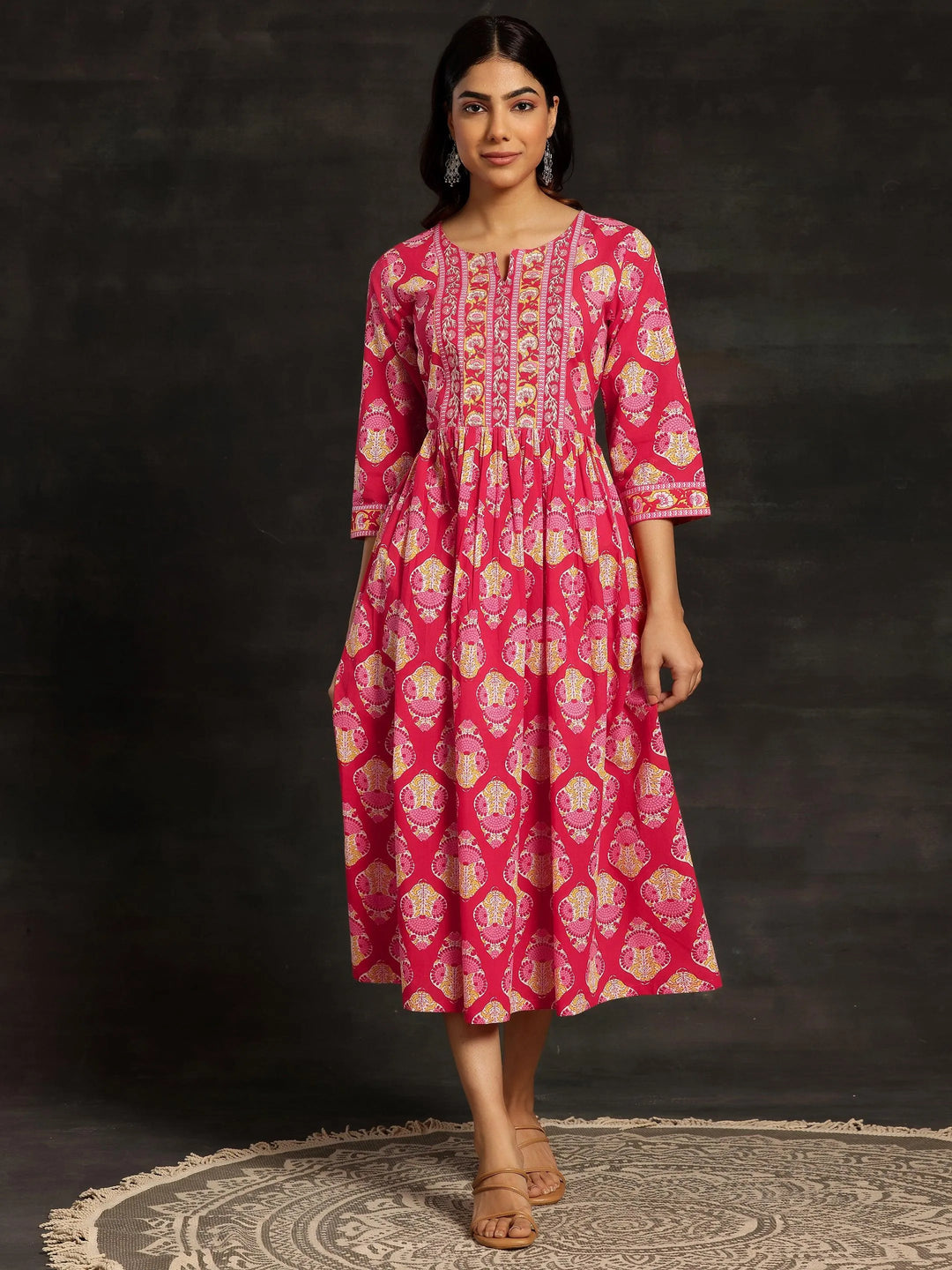 Red Printed Cotton Fit and Flare Dress - Libas 