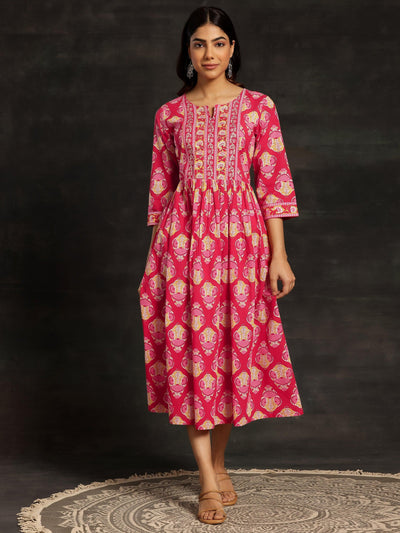 Red Printed Cotton Fit and Flare Dress - Libas