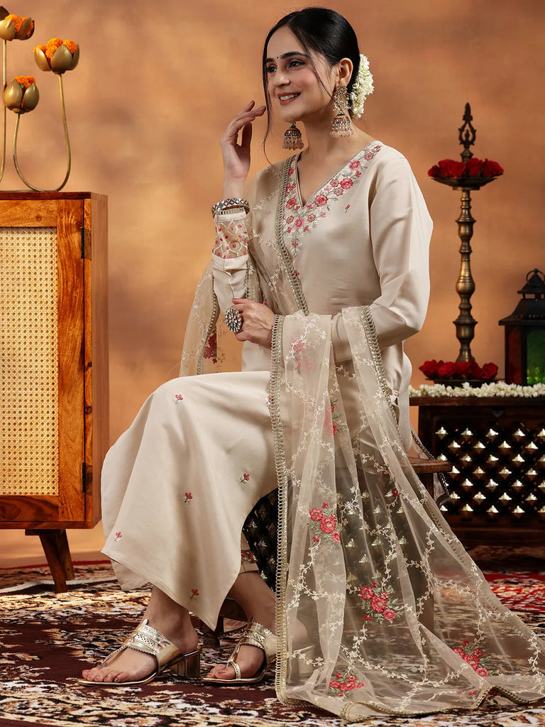 Libas Ivory Embroidered Silk Blend Straight Suit With Dupatta