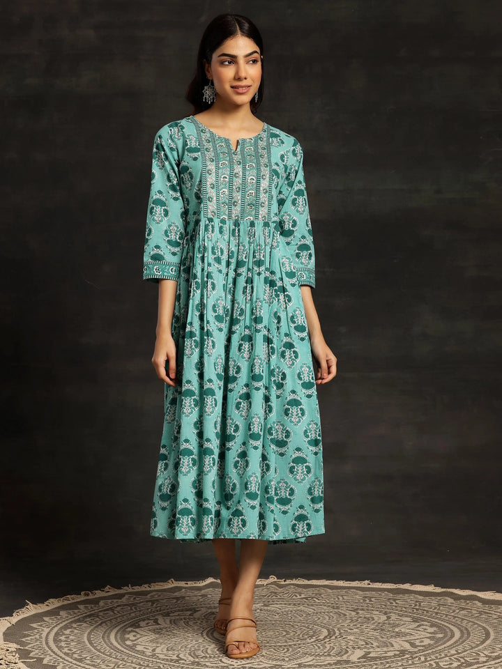 Sea Green Printed Cotton Fit and Flare Dress - Libas