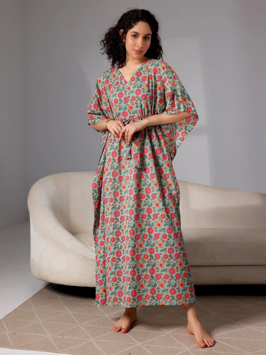 Green Printed Cotton Kaftan Night Dress - Libas