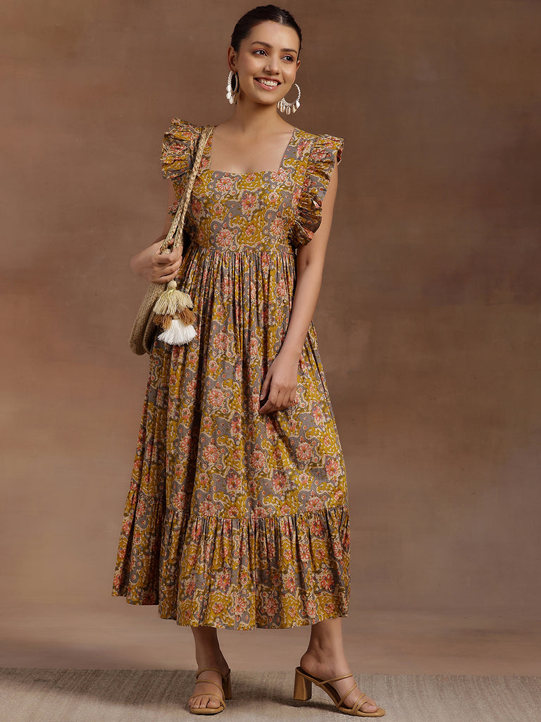 Libas Mustard Printed Cotton Fit and Flare Dress