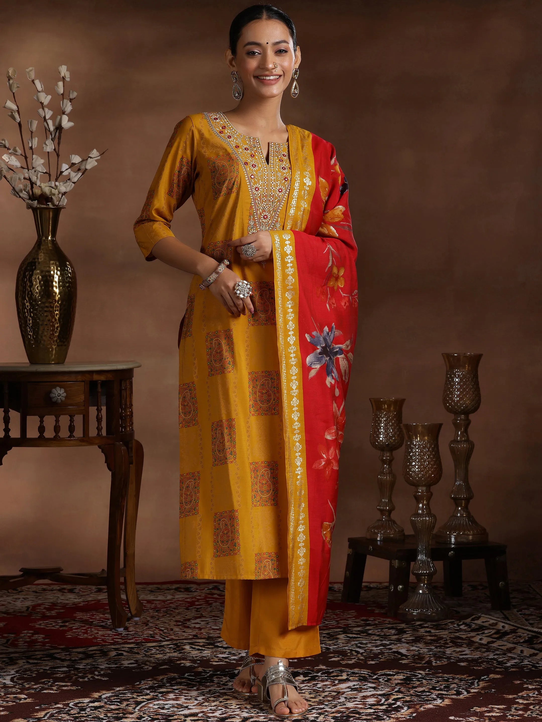 Mustard Printed Silk Blend Straight Suit With Dupatta-image-35