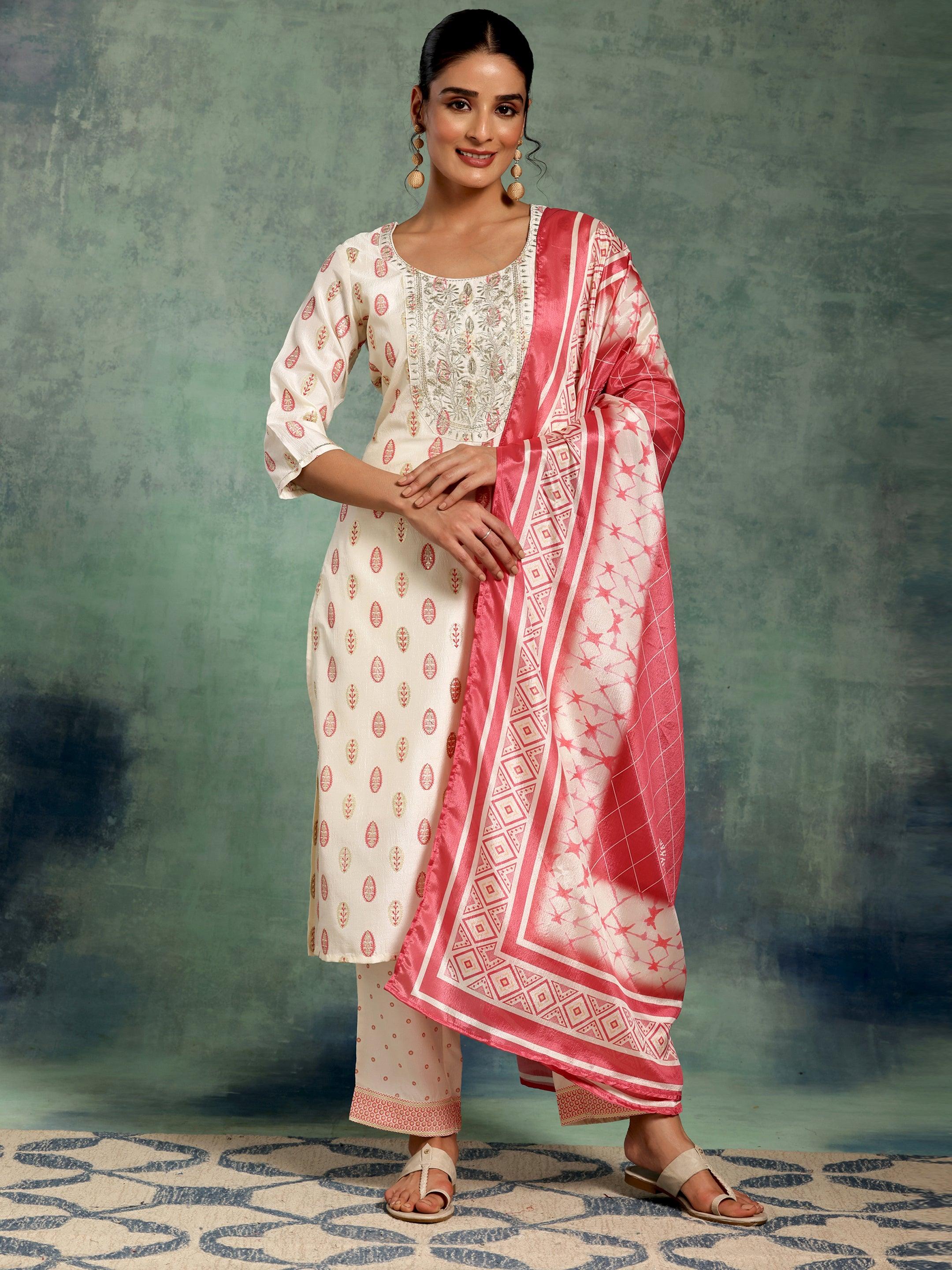 Off White Printed Silk Blend Straight Suit With Dupatta