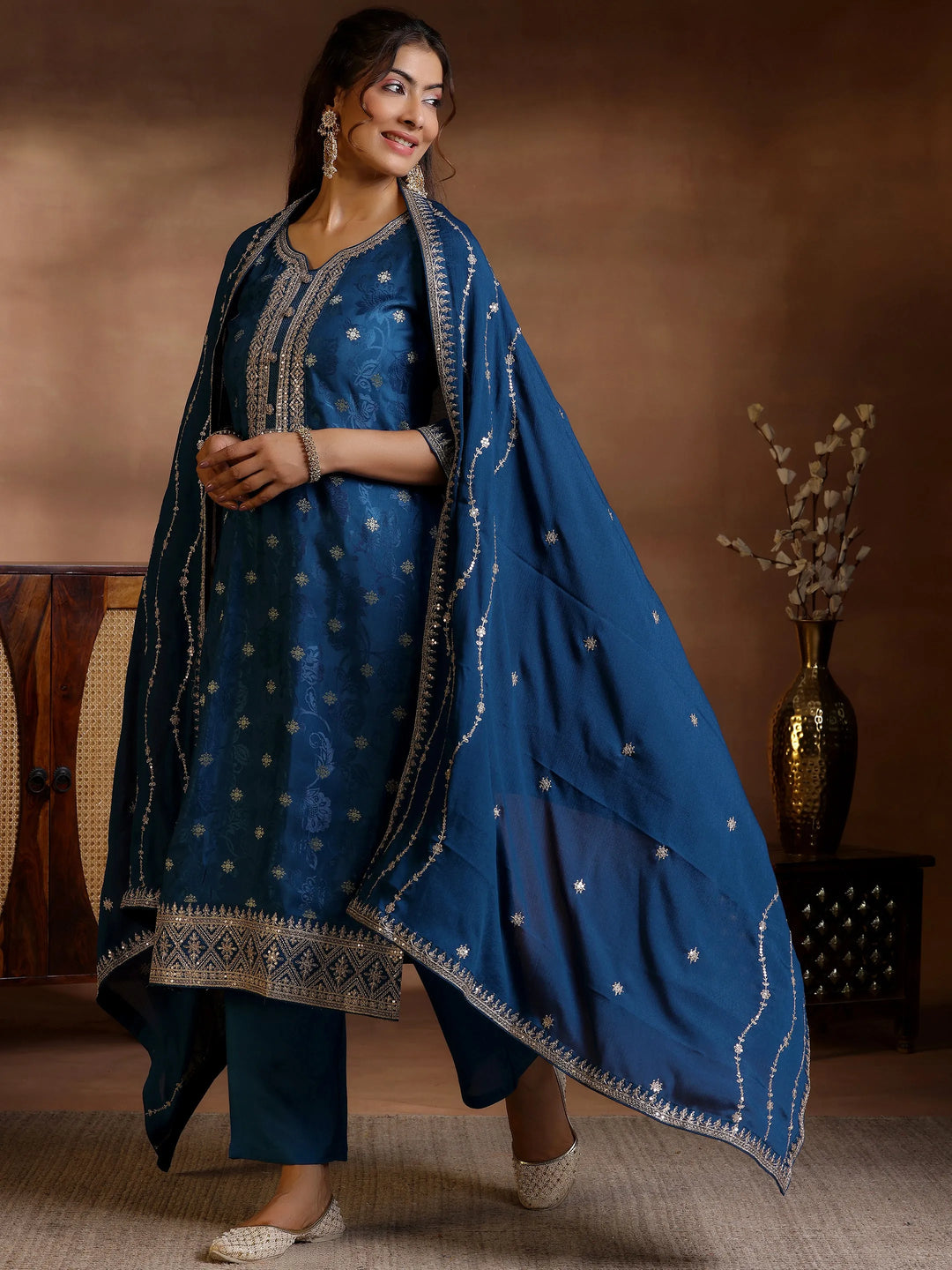 Navy Blue Woven Design Silk Blend Straight Suit With Dupatta