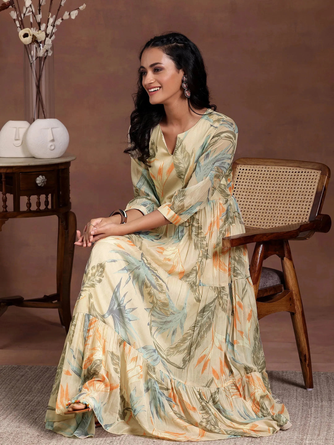  Beige Printed Chiffon Fit and Flare Dress 
