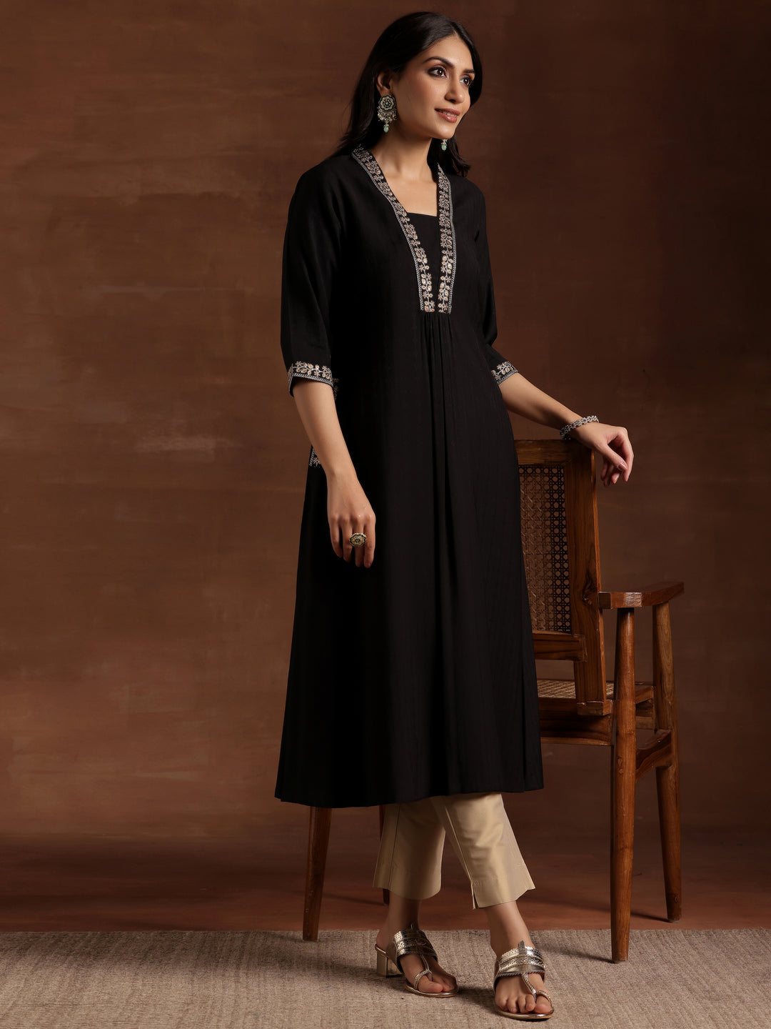  Black Yoke Design Silk A-Line Kurta 