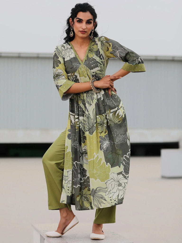 Libas Green Printed Rayon A-Line Kurta With Trousers