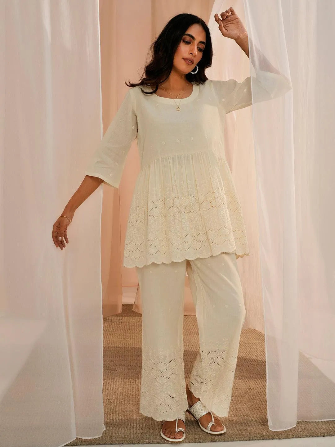  Off White Self Design Cotton Tunic With Palazzos 