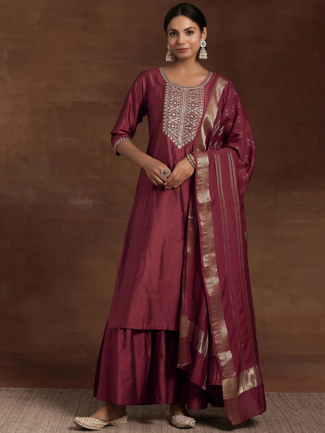 Rust Yoke Design Silk Blend Straight Suit With Dupatta - Libas