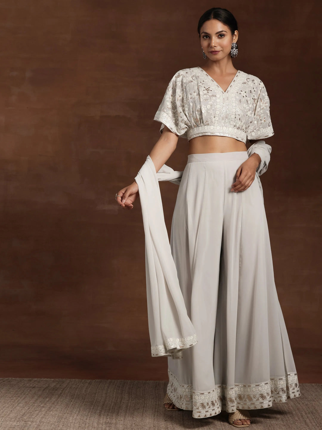  Libas Art Grey Embroidered Georgette 3 Piece Co-Ords 