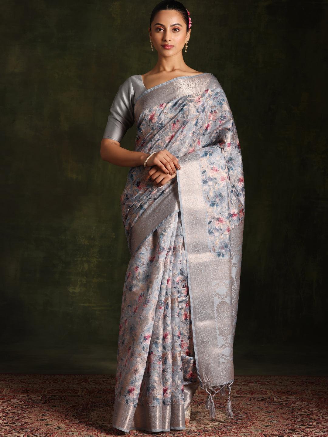 Grey Woven Design Brocade Saree With Unstitched Blouse Piece - Libas