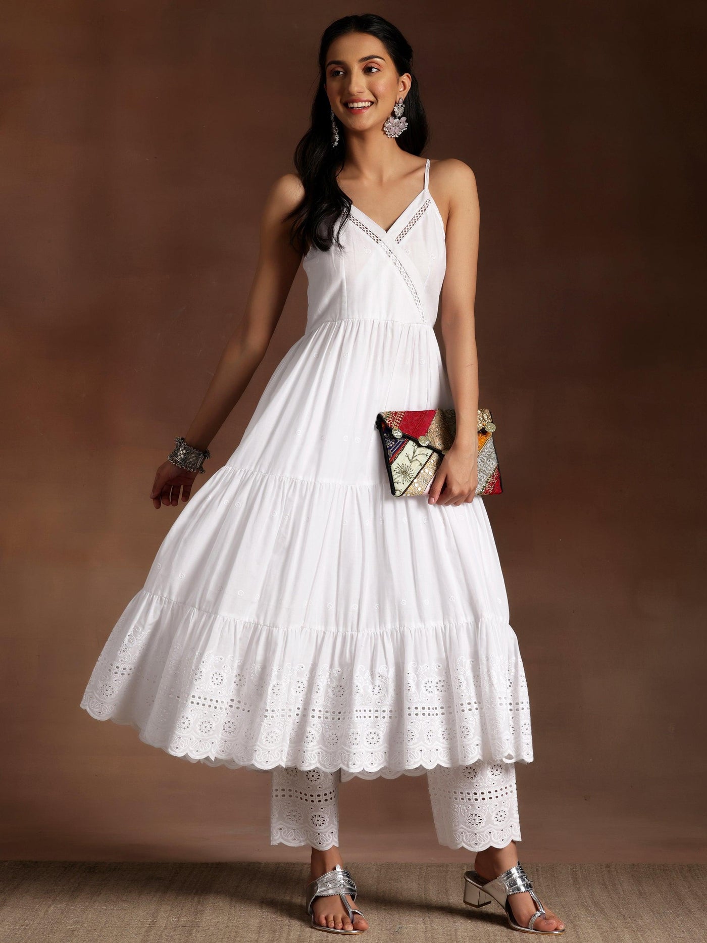 The Kiara Cut White Self Design Cotton A-Line Kurta With Trousers - Libas