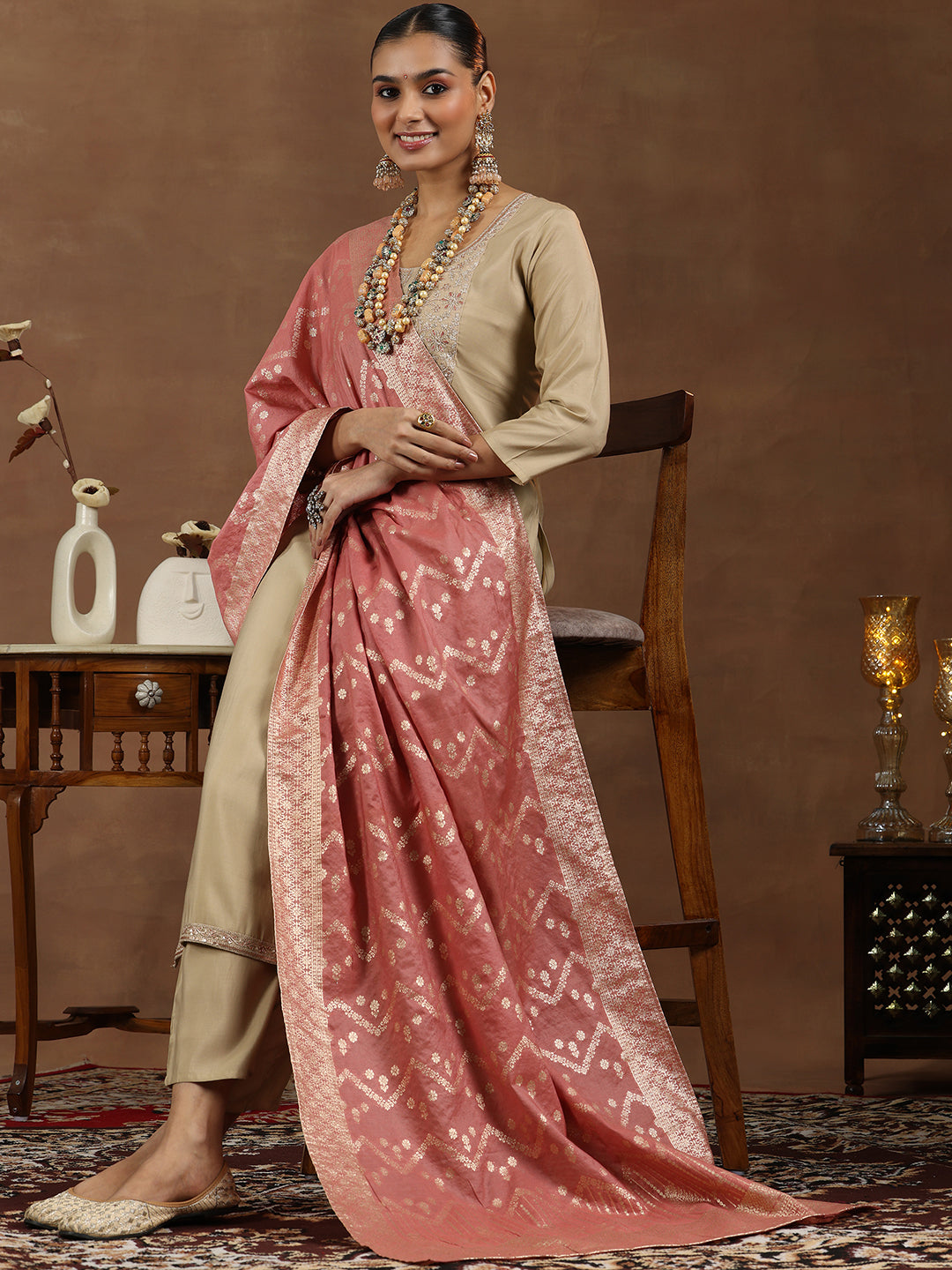  Beige Yoke Design Silk Blend Straight Suit With Dupatta 