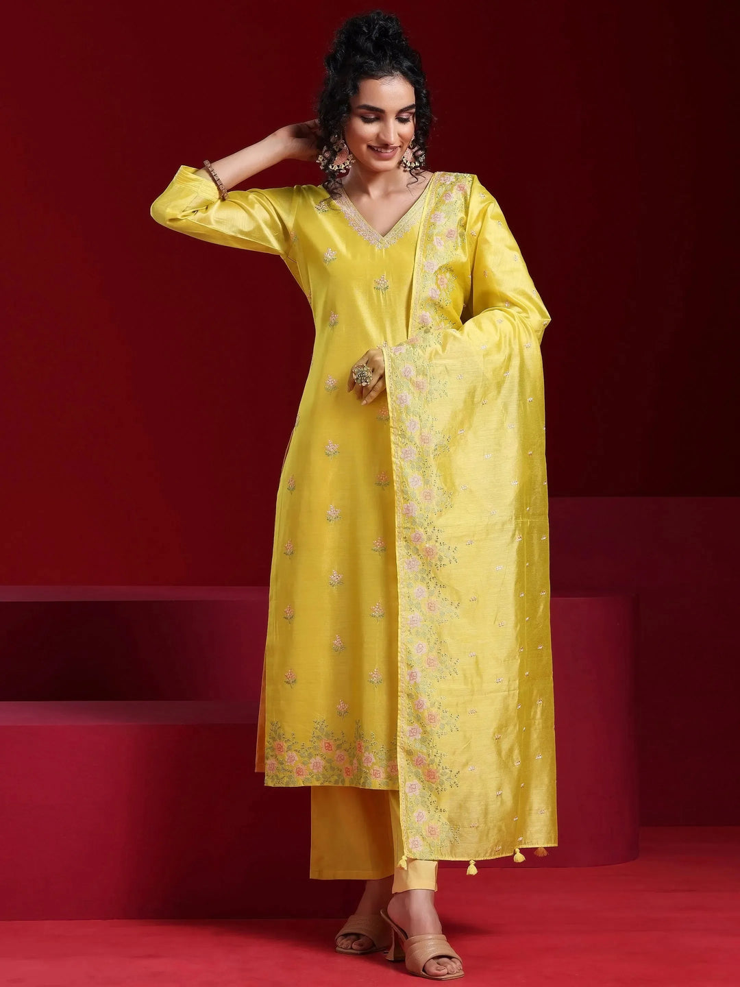  Libas Art Yellow Embroidered Chanderi Silk Straight Suit With Dupatta 