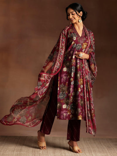Burgundy Printed Silk Blend Straight Suit With Dupatta - Libas