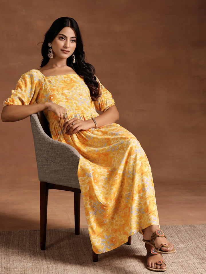 Yellow Printed Rayon Fit and Flare Dress - Libas