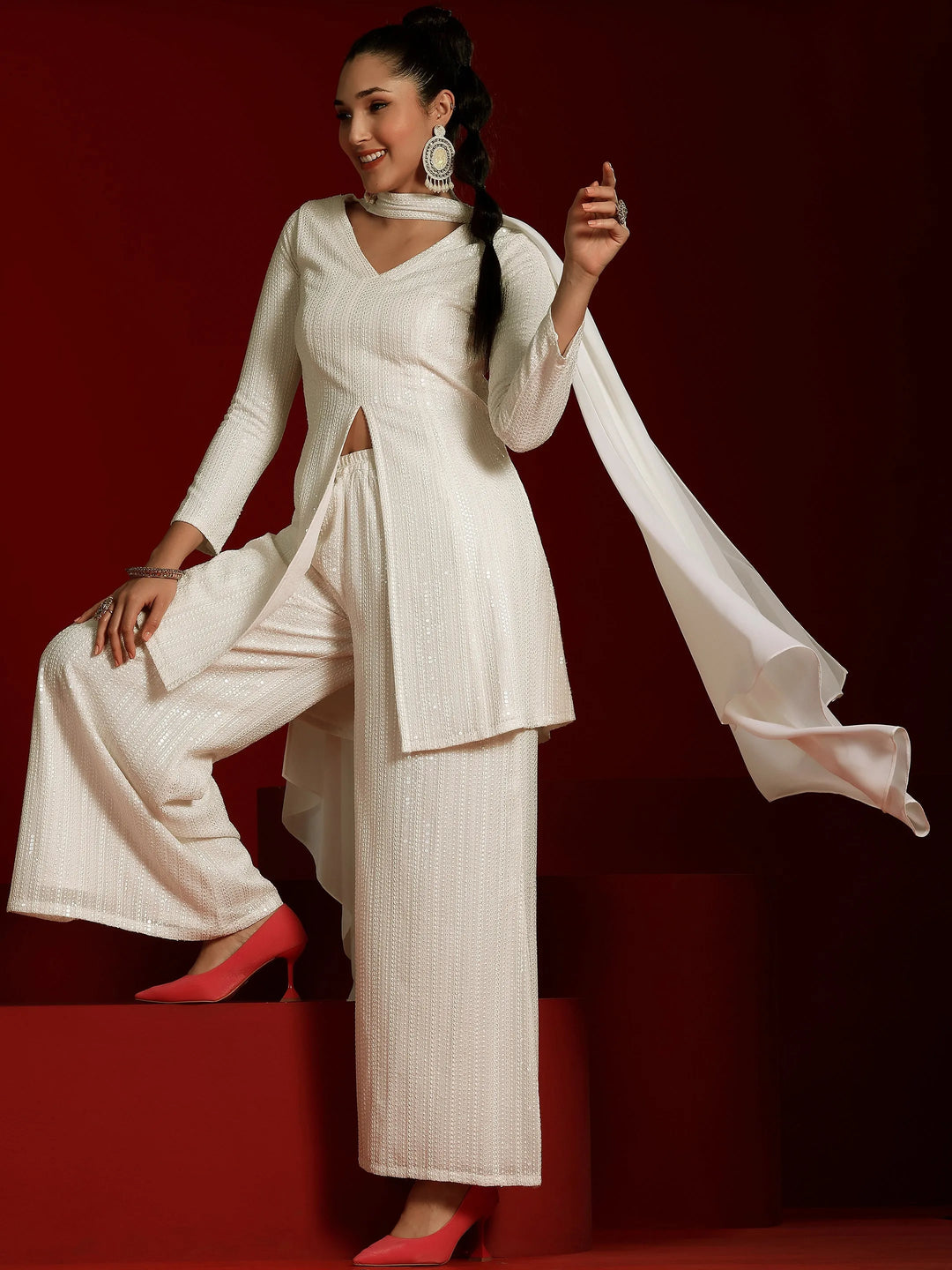  Libas Art Off White Embroidered Georgette A-Line Kurta With Palazzos & Dupatta 