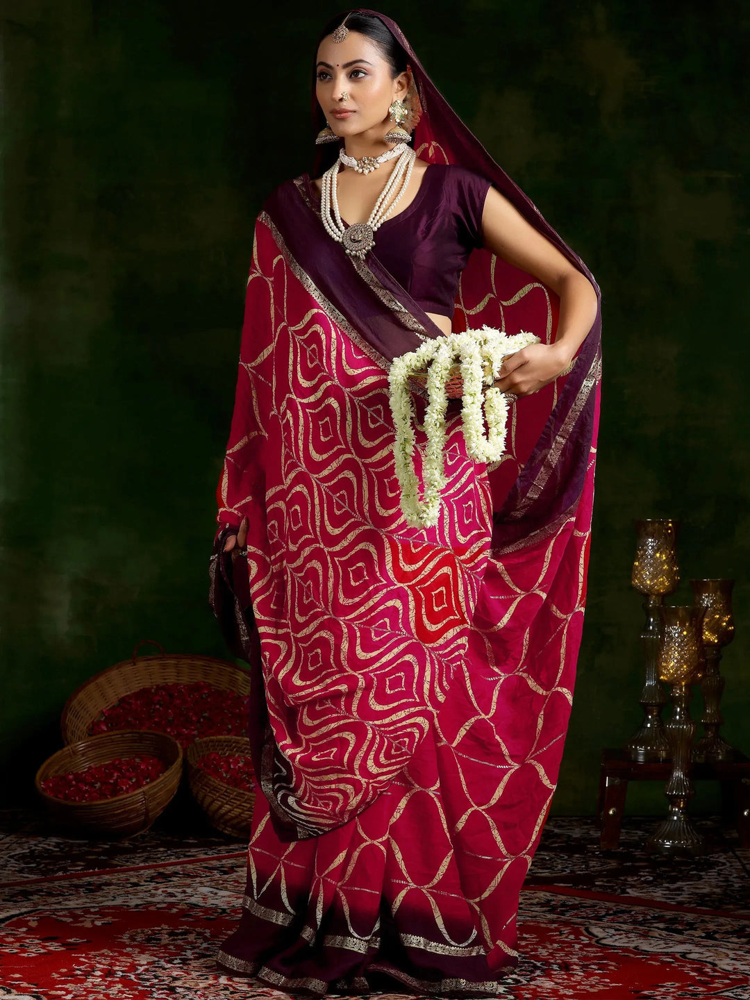  Pink Printed Chiffon Saree With Unstitched Blouse Piece 