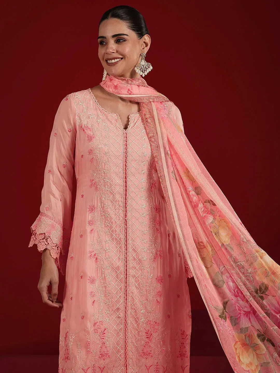  Libas Art Peach Embroidered Organza Straight Suit Set With Dupatta 