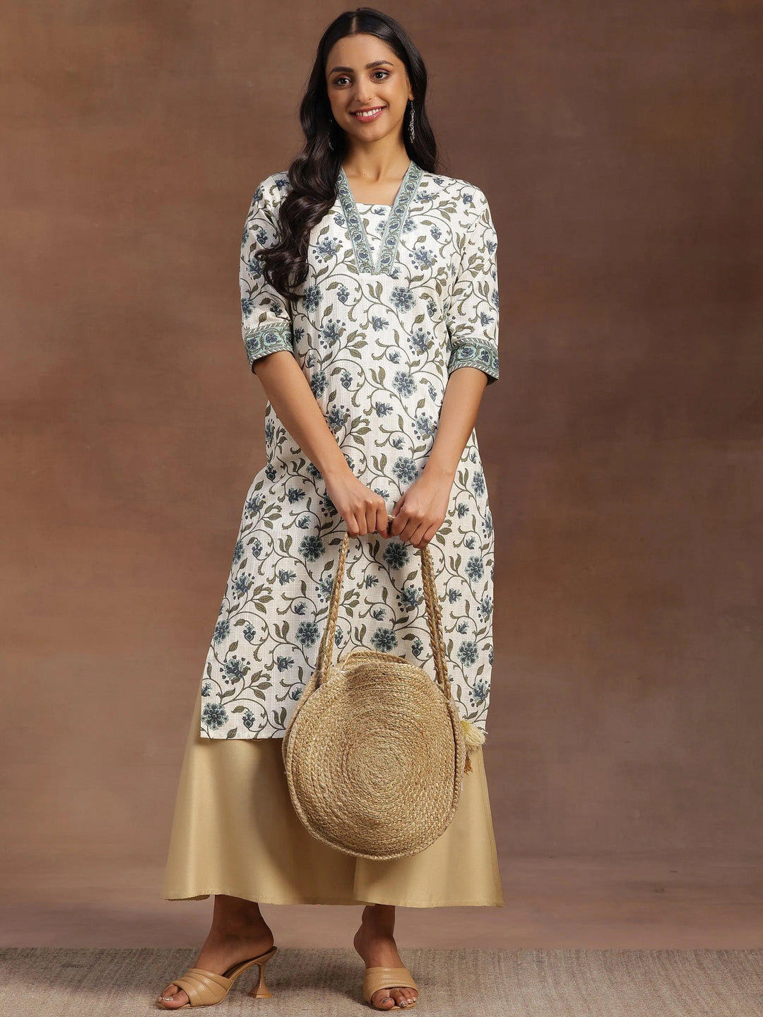 Off White Printed Cotton Straight Kurta - Libas 