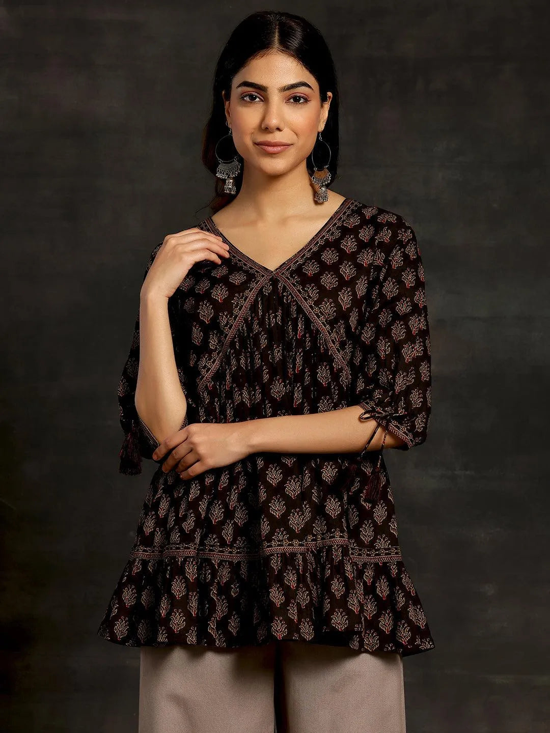 Black Printed Cotton A-Line Kurti-image-22