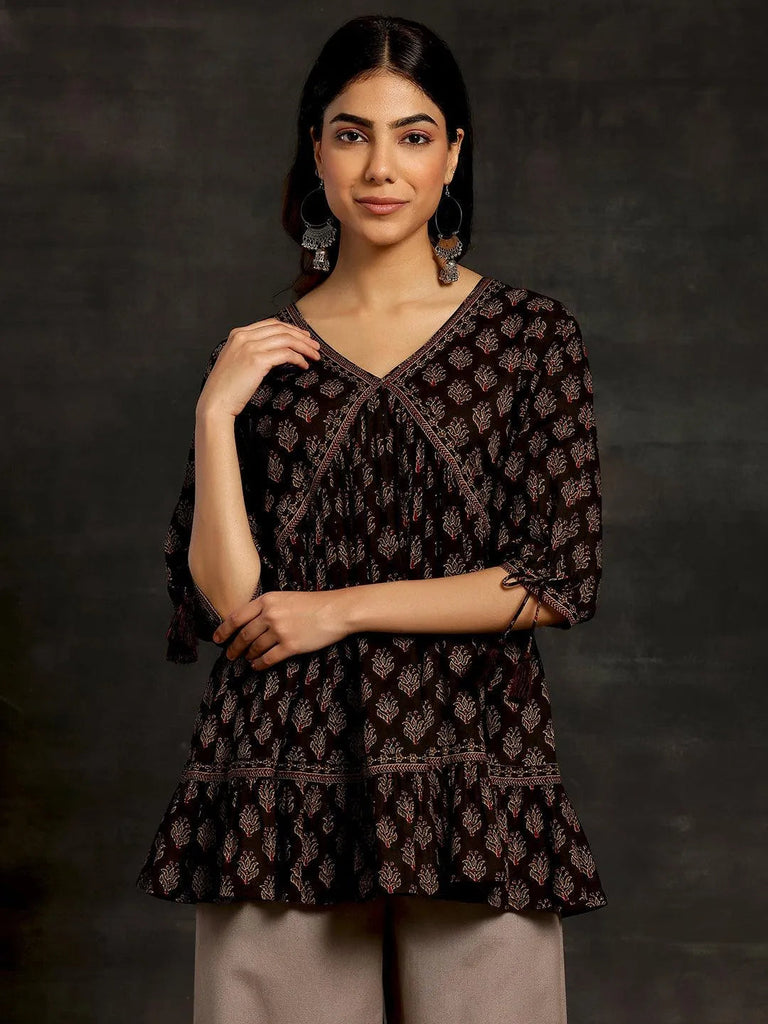 Libas Black Printed Cotton A-Line Kurti