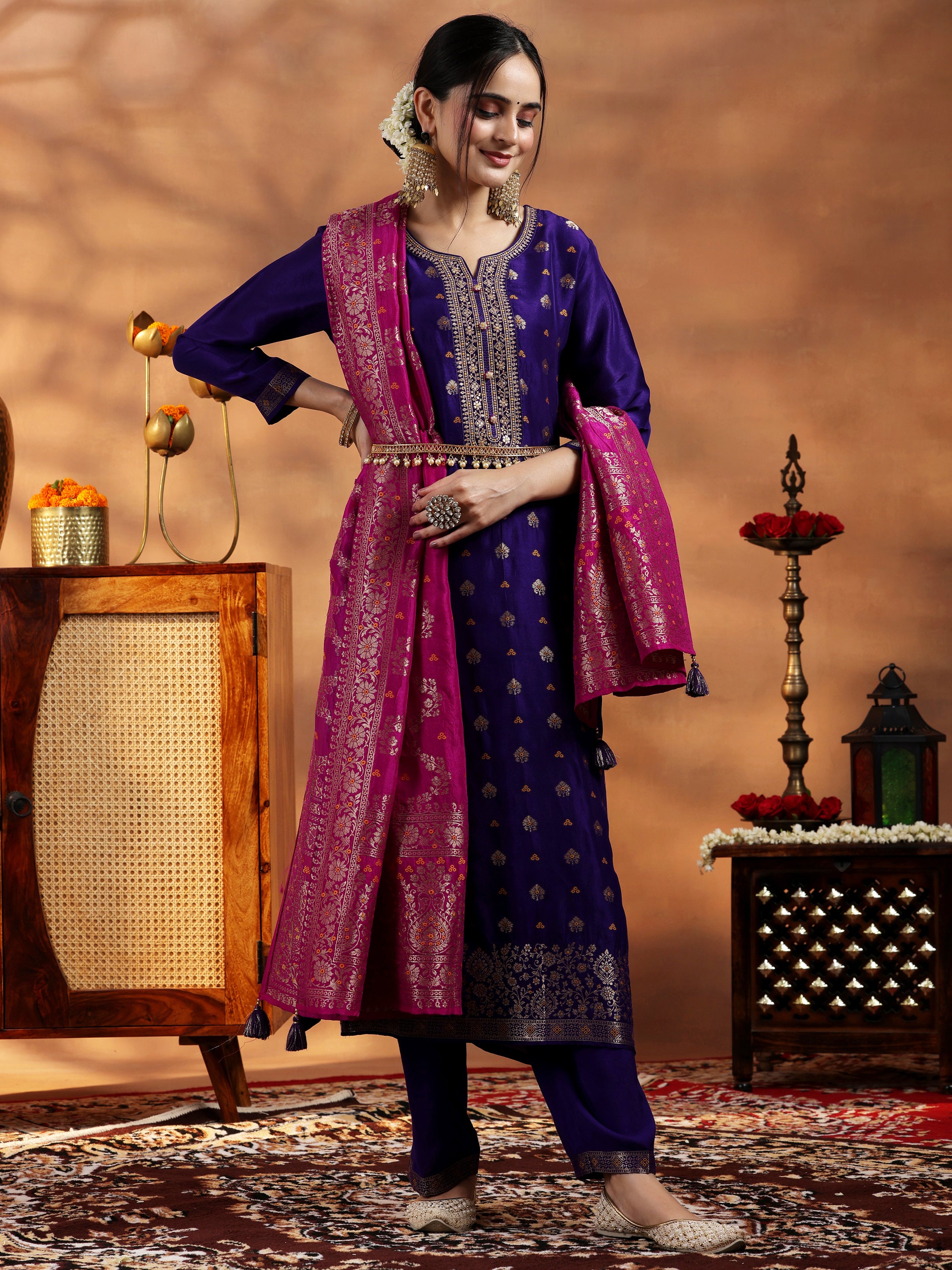 libas Purple Woven Design Silk Blend Straight Suit With Dupatta-picture-43