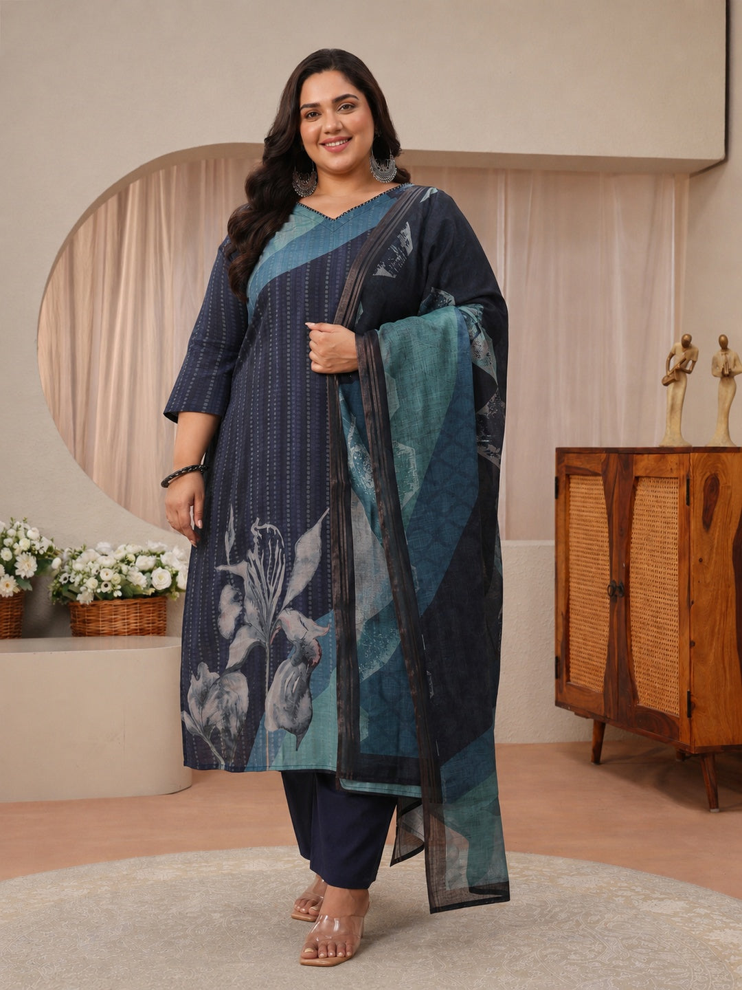 libas Plus Size Blue Printed Linen Straight Suit Set-picture-38