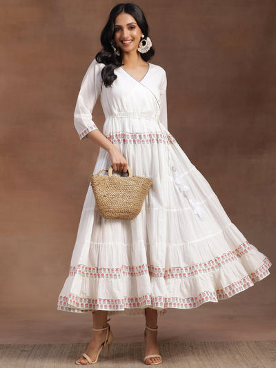 White Printed Cotton Maxi Dress - Libas