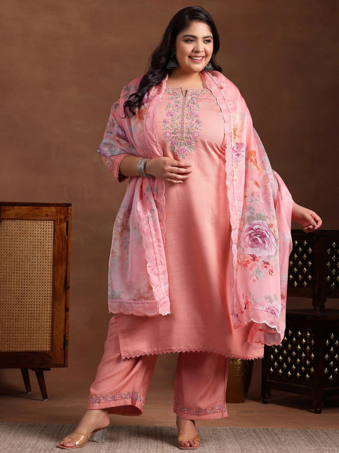 Plus Size Peach Yoke Design Silk Blend Straight Suit With Dupatta - Libas 