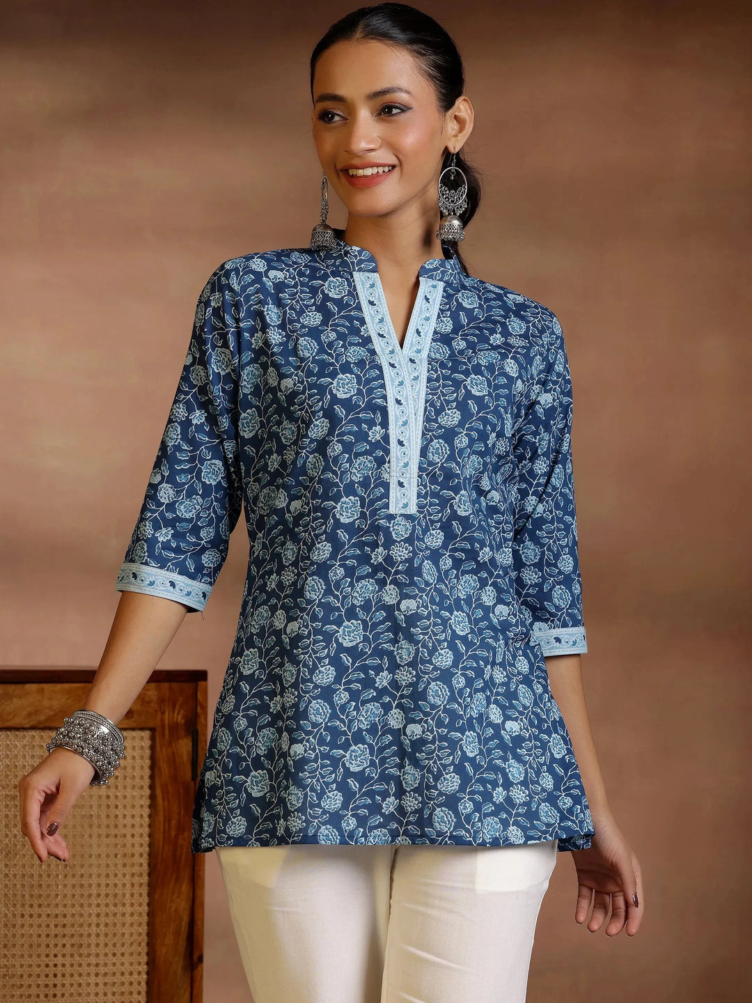  Blue Printed Cotton A-Line Kurti 