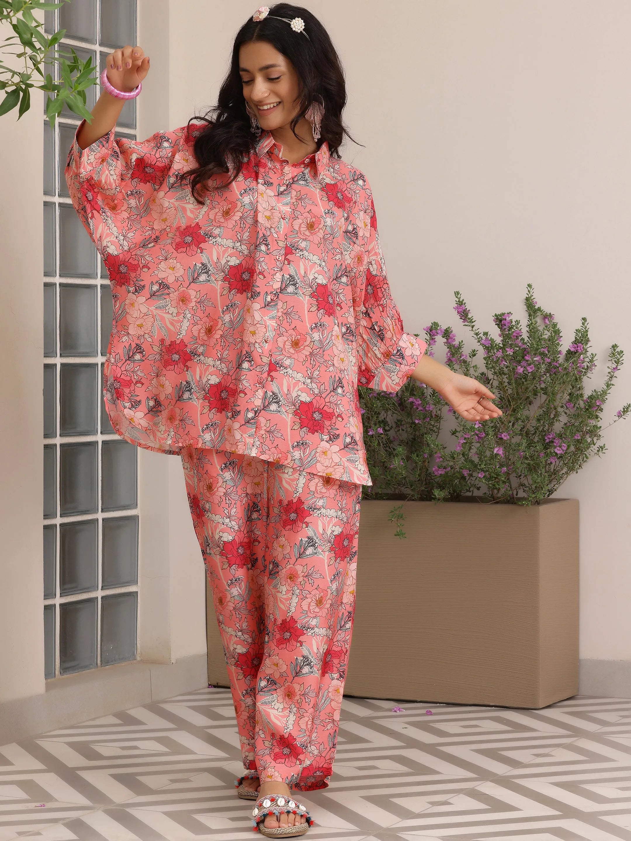 libas Pink Printed Silk Blend Co-Ords-picture-59