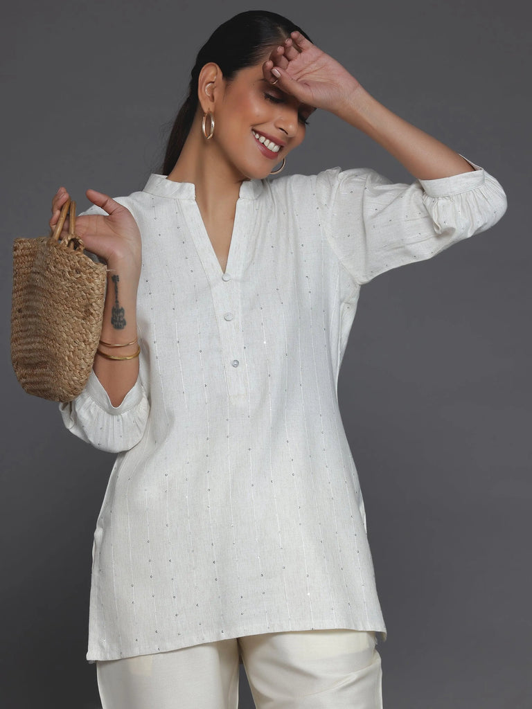 Libas Off White Woven Design Cotton Blend Straight Kurti