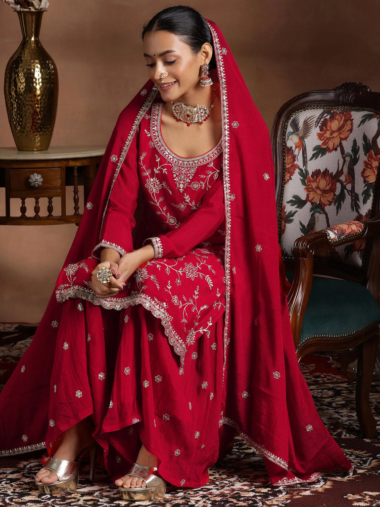 Libas Red Embroidered Silk Blend Straight Suit With Dupatta