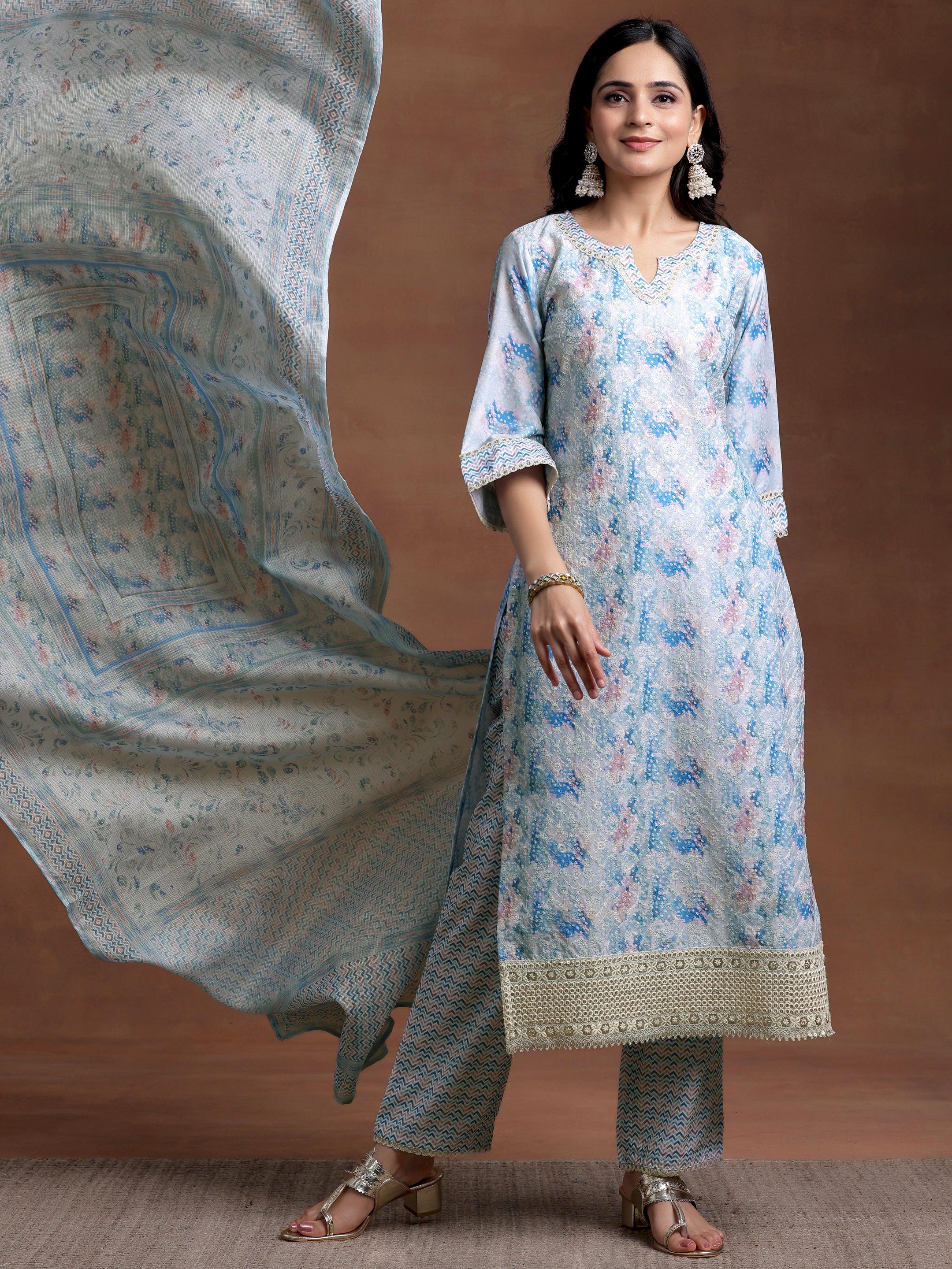 Blue Embroidered Cotton Blend Straight Suit With Dupatta