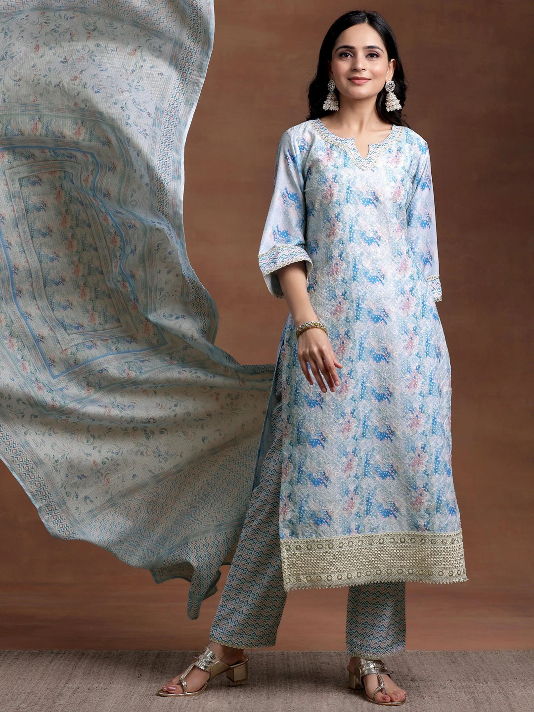 Blue Embroidered Cotton Blend Straight Suit With Dupatta - Libas 