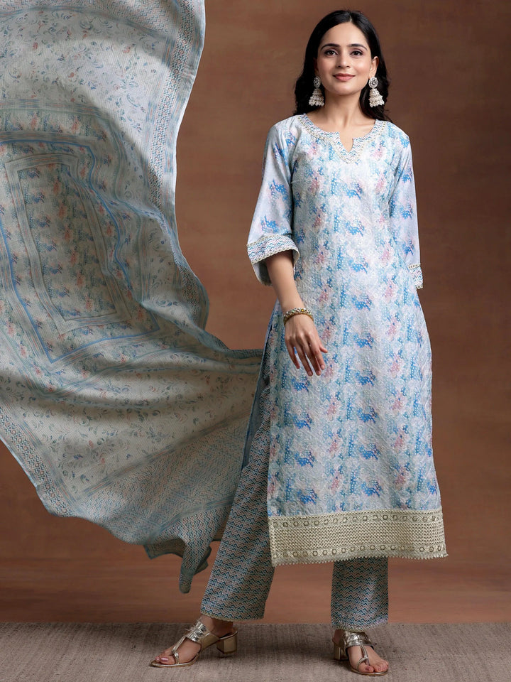 Blue Embroidered Cotton Blend Straight Suit With Dupatta - Libas