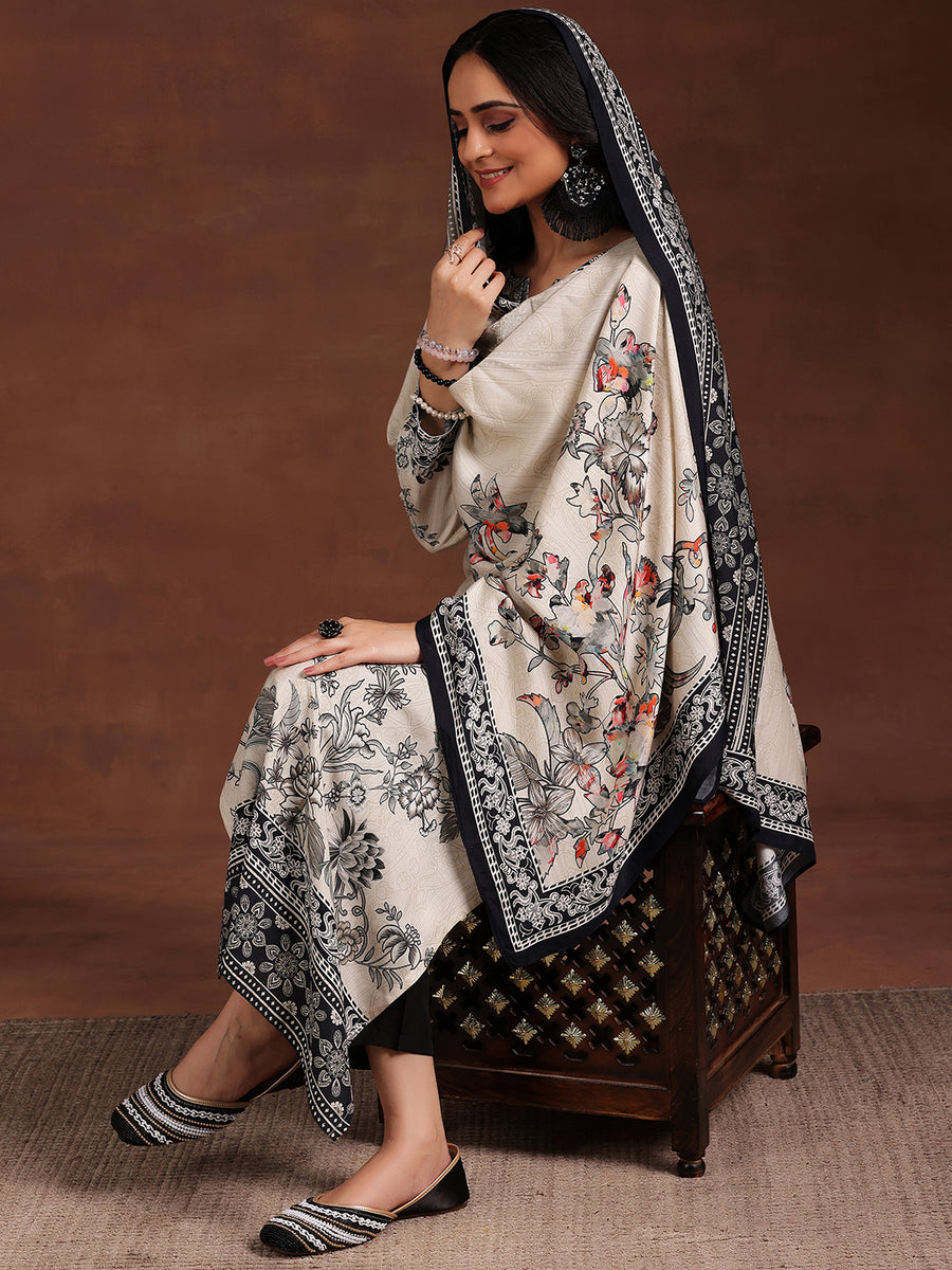Monochrome Printed Cotton Blend Straight Suit With Dupatta