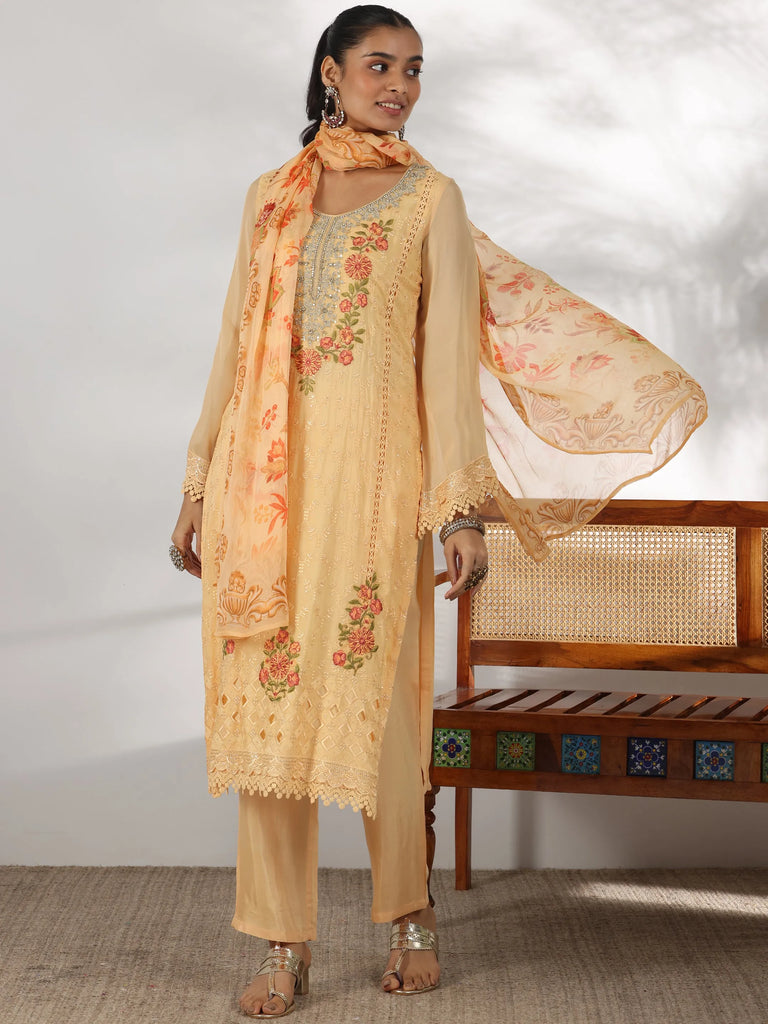 Libas Yellow Embroidered Organza Straight Suit With Dupatta