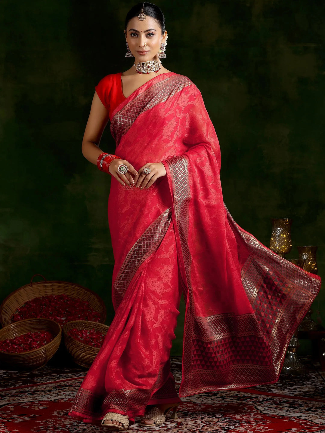  Red Printed Silk Blend Saree With Unstitched Blouse Piece 