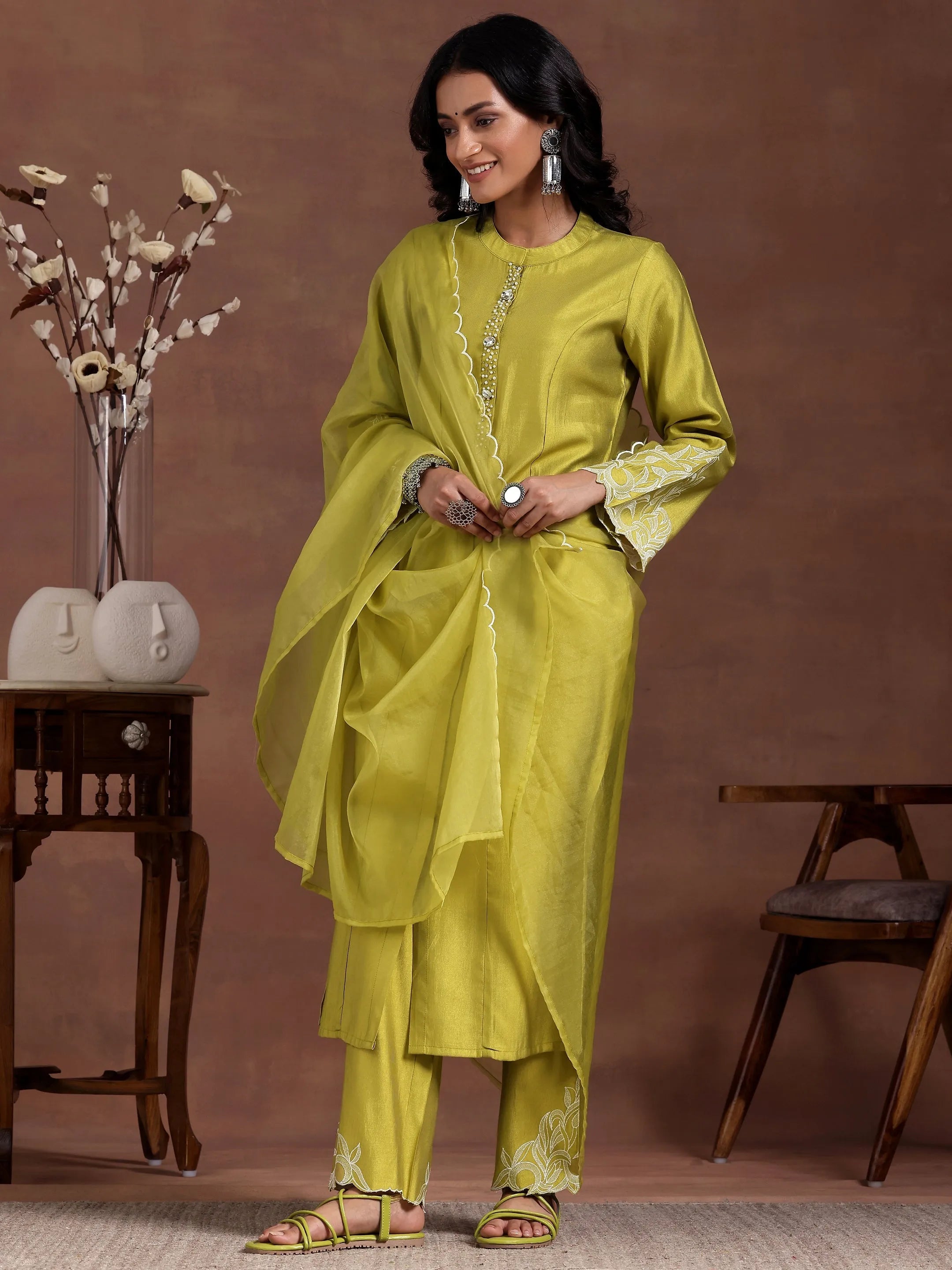 Lime Green Solid Silk Blend Straight Suit With Dupatta-image-34