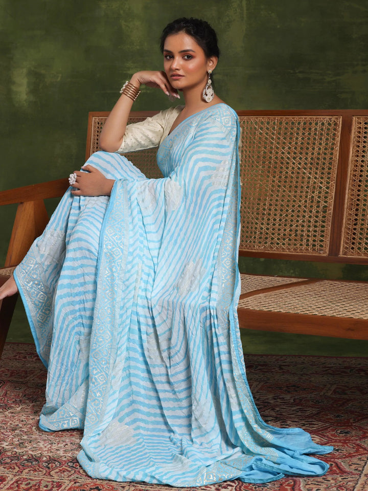 Blue Printed Poly Georgette Saree With Unstitched Blouse Piece - Libas