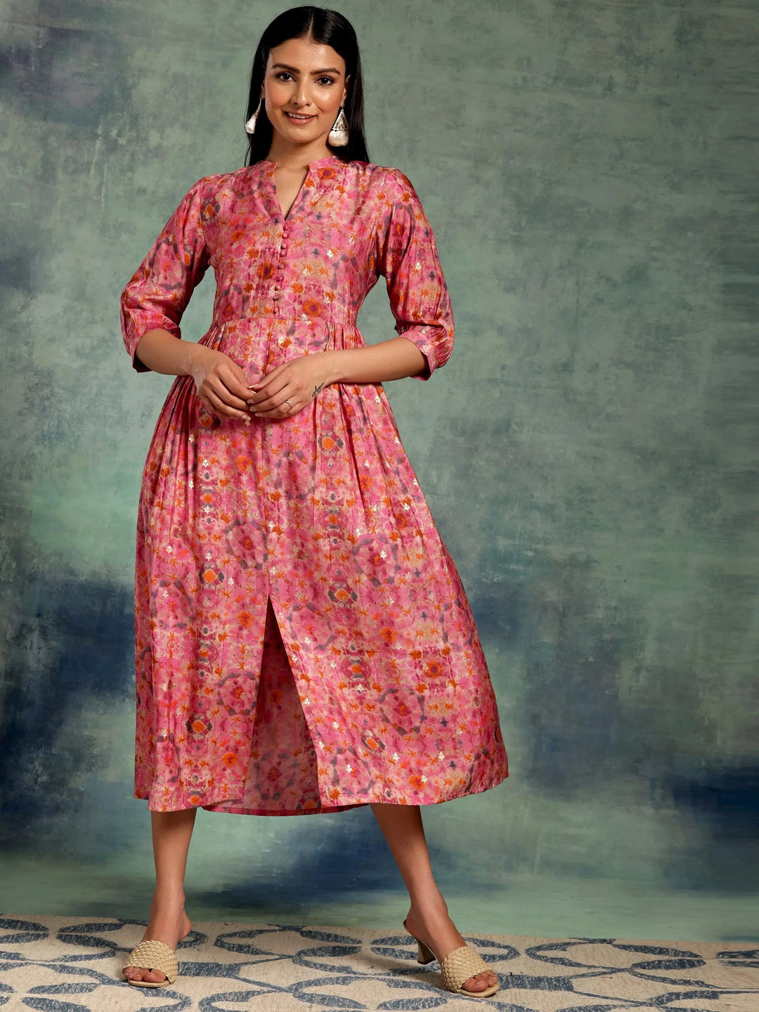 Pink Printed Silk Fit and Flare Dress - Libas 