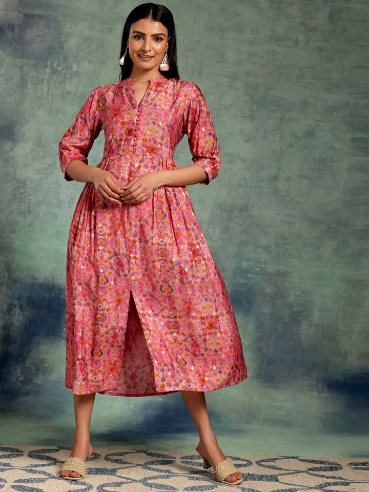 Pink Printed Silk Fit and Flare Dress - Libas