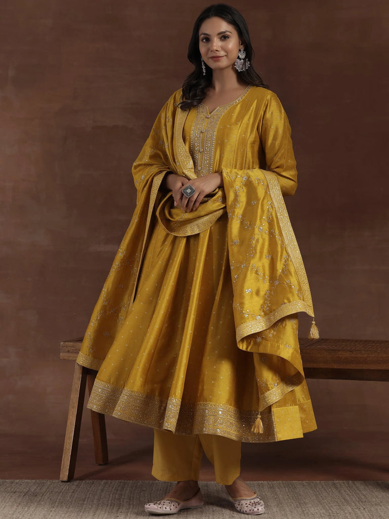 Libas Mustard Embroidered Silk Blend A-Line Kurta With Palazzos & Dupatta
